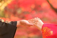 東京の日本庭園で、紅葉の季節に和装でウェディングフォトを撮る新郎新婦の、手をつなぐイメージカット
