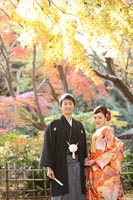 東京の紅葉がきれいな日本庭園で、和装の婚礼前撮り写真を撮る新郎と赤い色打掛を着た新婦